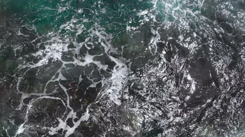 Top-down view of the ocean waves and foam, sea turtles swim in the water, Kauai Video stock 135921223