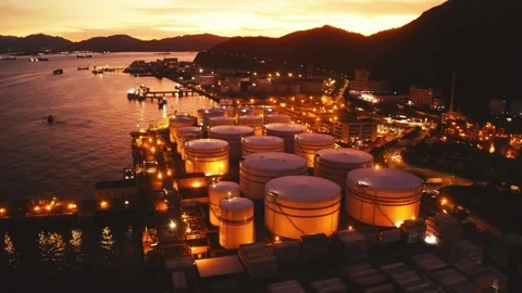 Top-Down View of Oil and Gas Terminal with Storage Vessels Stock Footage 302349918
