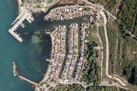 Top down view of old harbour and fishing village, near city of Burgas, Bulgar Stock-Fotos