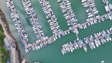 Top Down view over Boats and Yachts in Brixham Marina from a drone, Torbay, UK Video stock 247474367