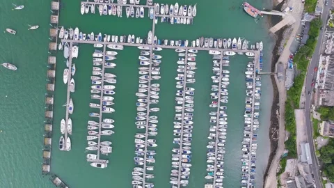 Top Down view over Boats and Yachts in Brixham Marina from a drone, Torbay, UK Stock-Footage 247474381