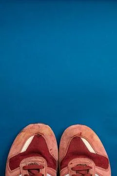 Top-down view of a pair of red sneakers placed on a blue background 스톡 사진