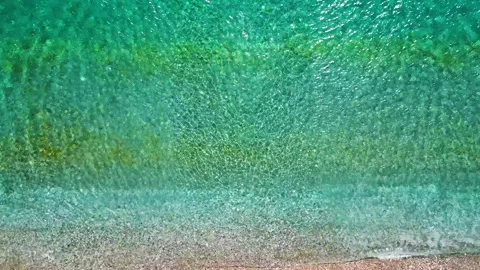 Top-down view of paradise pebble beach and crystal clear water. Rhodes, Greece Video stock 339629030