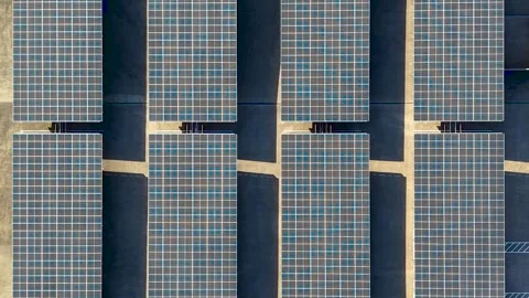 Top down view of parking lot installed with array of Solar panels. Video stock 324694249