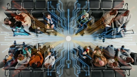 Top down view of passengers sitting in high tech airport, VFX compositing Stock Footage 334935392