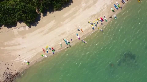 Top down view of people canoeing near beach coast Stock Footage 163449612