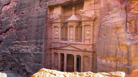 Top Down view of Petra. Historic UNESCO heritage site carved into sandstone in Stock Footage 237820221
