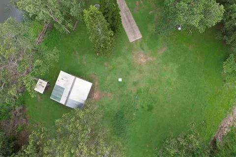 Top Down View Of Picnic Shelter At Middle Creek Dam Australia Stock Photos