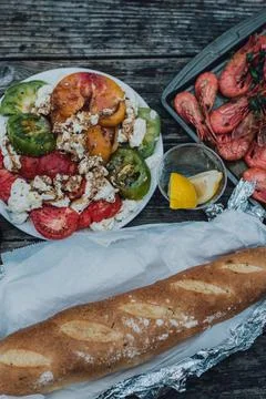 Top down view of picnic table meal Stock Photos