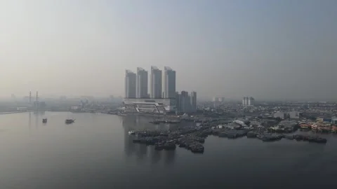 Top down view of the pier next to the city Stock Footage 260865892