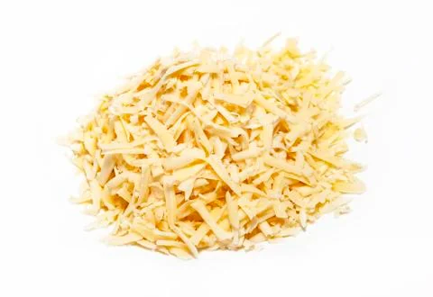Top-Down View of a Pile of Grated Cheese on White Background. Organic Farming Foto stock