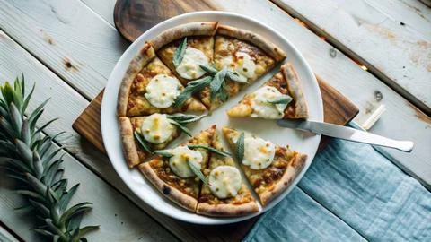A-top-down-view-of-a-pineapple-pizza-on-a-wooden-t (1) Stock Photos