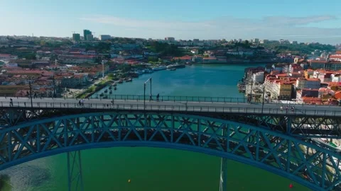 Top-Down View of Porto Old Town Ribeira by the Douro River 스톡 동영상 302349970