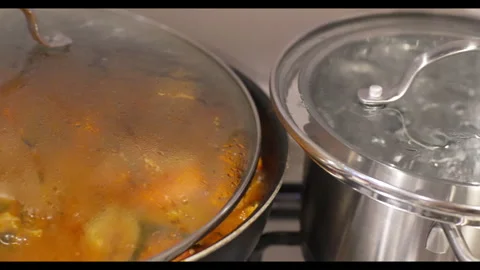 Top Down View of Pots and Pans with Boiling Water, 60fps Kitchen Cooking Scene Stock Footage 332182032