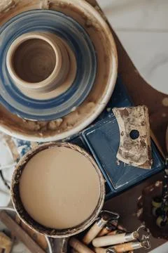 Top Down View on Pottery Workplace, Pot on a Clay Wheel, Potter Master Stock Photos