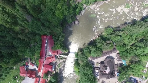 Top down view of the powerful waterfall in the mountains of Ukraine Stock Footage 114180351