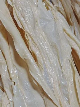 Top Down View of Premium Dried Bean Curd Skin Sheets on Dark Background Foto stock