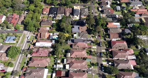 Top down view of private properties in Sydney city – residential suburb in 4k Video stock 144464320