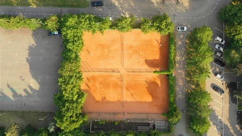 Top down view of the public city park and tennis courts Stock Footage 109380680
