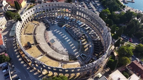 Top-down view of Pula Arena amphitheater in Pula city, Croatia Stock Footage 345267633