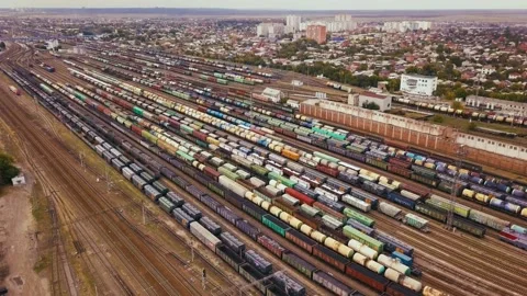 Top down view on rail cargo transportation. Freight wagons from above. Bataysk Video stock 148881081
