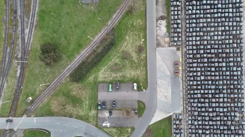 Top down view of rail lines and steel yard Stock Footage 331201654