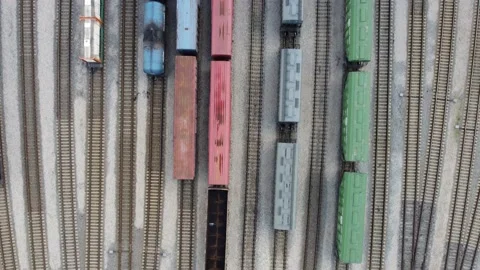 Top-down view on railway junction with many rail carriages. Stock Footage 163538689