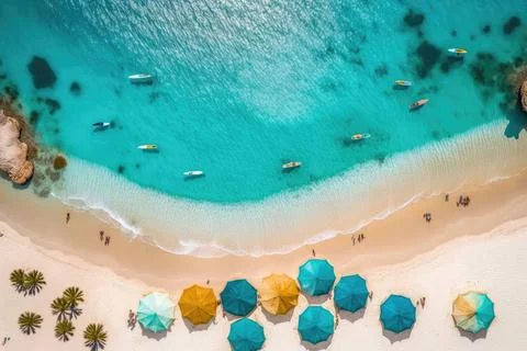  Top down view of realistic illustrated sand beach with umbrellas Top view... Stock-Fotos