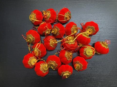 Top-Down View of Red Chinese Lanterns on Black Table Stock Photos