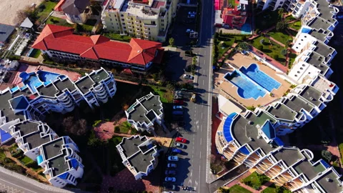 Top down view of a residential complex with pools, Bulgaria Stock Footage 339670276
