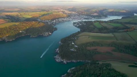Top Down View of River Dart and Fields over Kingswear and Dartmouth, Devon Stock-Footage 161484990