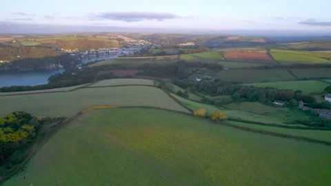 Top Down View of River Dart and Fields over Kingswear and Dartmouth from a drone Vídeo Stock 162077297