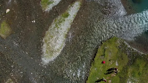 Top Down View Of River Delta And Hikers. Kyrgyzstan, Suttuu-Bulak Lake Stock Footage 332943834