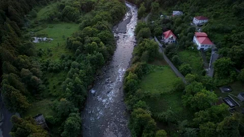 Top down view on river in mountain village Stock Footage 212484153