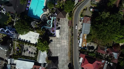 Top down view on road and waterpark with pool Stock Footage 158410287
