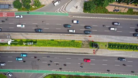 Top down view of road traffic in the heart of Jakarta business district along Stock Photos