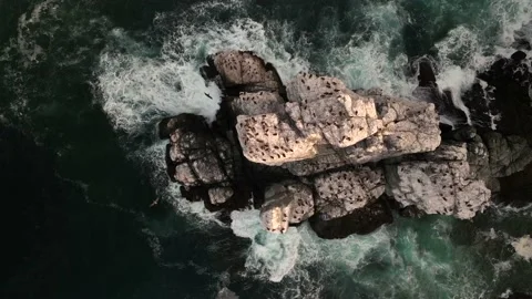 Top down view of rock with pelicans flying around and waves crashing 库存影片 236741045