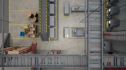 Top down view of rows of computerized machines in warehouse, 3D animation Stock Footage 272183140