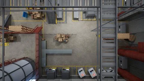 Top down view of rows of computerized machines in warehouse, 3D render Stock Illustration