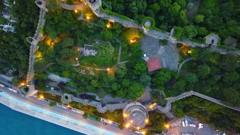 Top down view of Rumeli towers at sunset, Istanbul, Bosphorus, oe01 Stock Footage 116815651