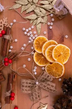 Top down view of rustic style handmade, diy, christmas decorations, cinnamon Stock Photos