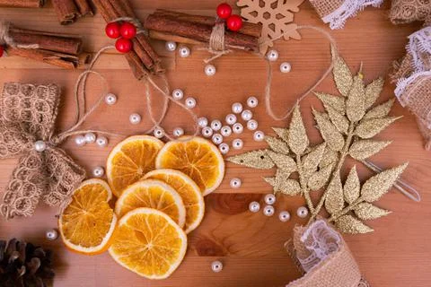 Top down view of rustic style handmade, diy, christmas decorations, cinnamon Stock Photos