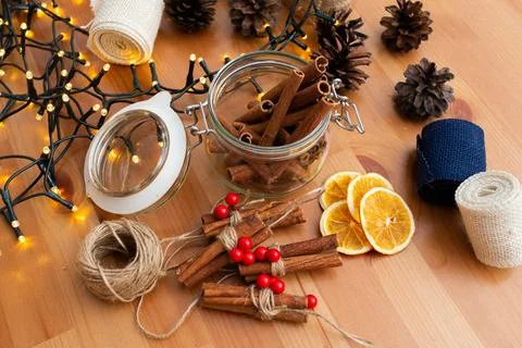 Top down view of rustic style handmade diy christmas decorations, ornaments, Stock Photos