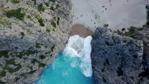 Top down view of Sa Calobra, Majorca - Mediterranean Sea holiday - Beach Stock Footage 141489097