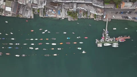 Top-down view of sailboats on the river Fowey from a drone, Fowey, Cornwall Stock Footage 342275105