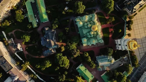 Top down view of Saint Sophia Cathedral at sunrise in Kyiv, Ukraine. Historical Stock Footage 201426104