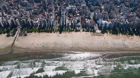 Top down view of Santos Beach with its colorful umbrellas. Stock Footage 244949167