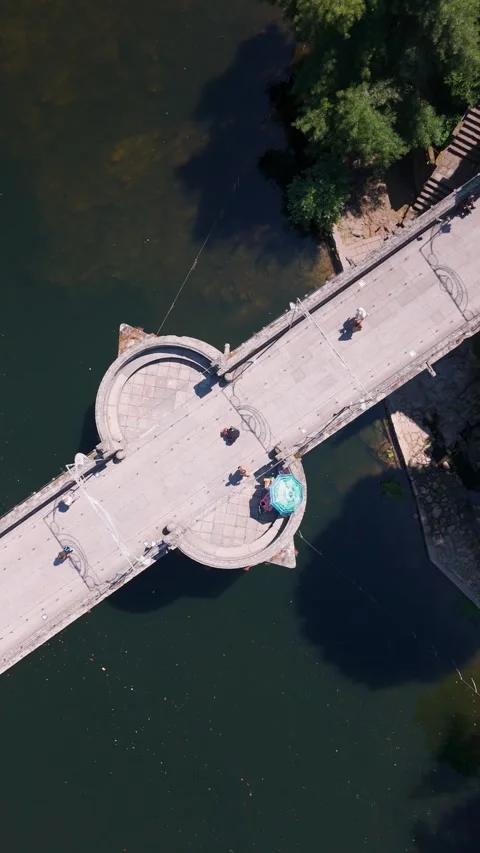 Top-Down View of São Gonçalo Bridge, Amarante, Portugal Stock Footage 340338961