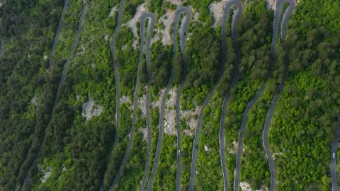 Top down view serpentine road in Kotor bay, Montenegro Stock Footage 234523416