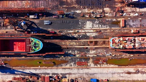 Top down view of a ship bow on a shipyard rail, Bulgaria Stock Footage 337192409